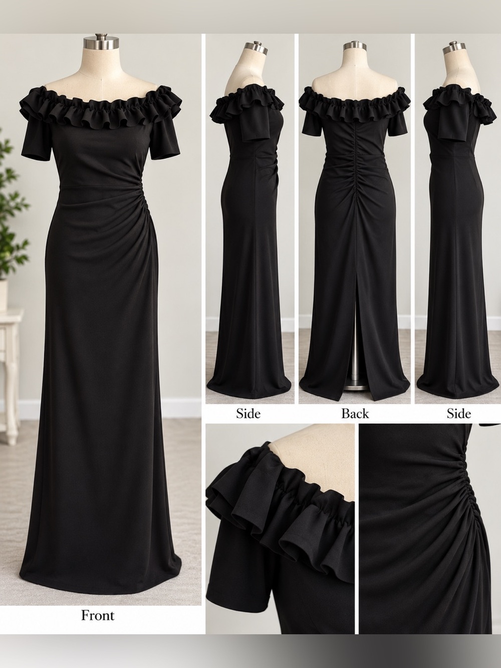 Elegant Off-Shoulder Black Ruffle Evening Dress